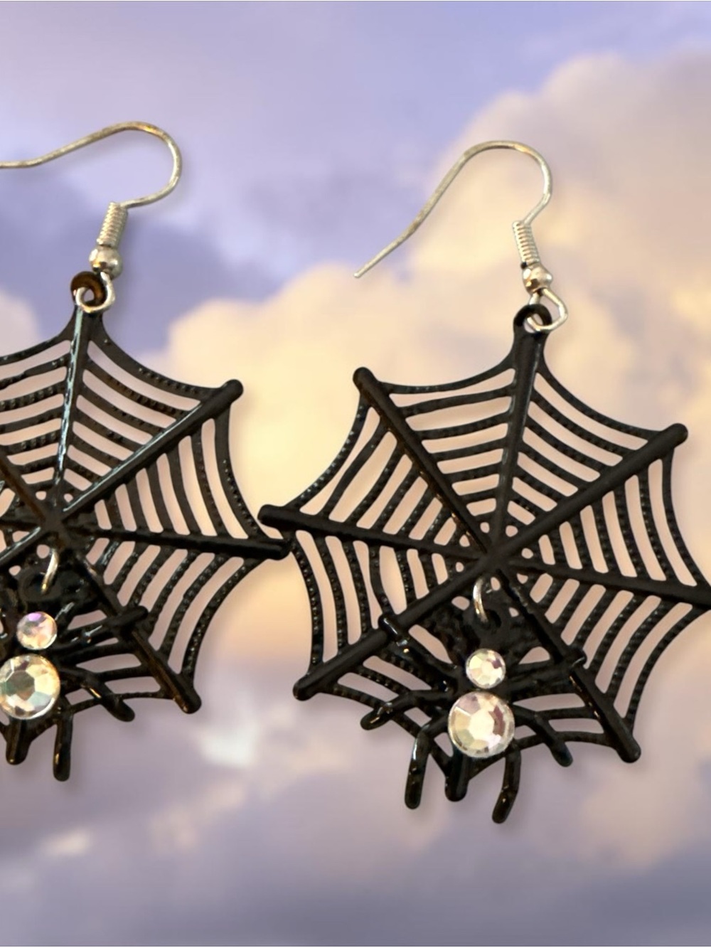 Black Spider Web Dangle Earrings with Rhinestones - Women Jewelry